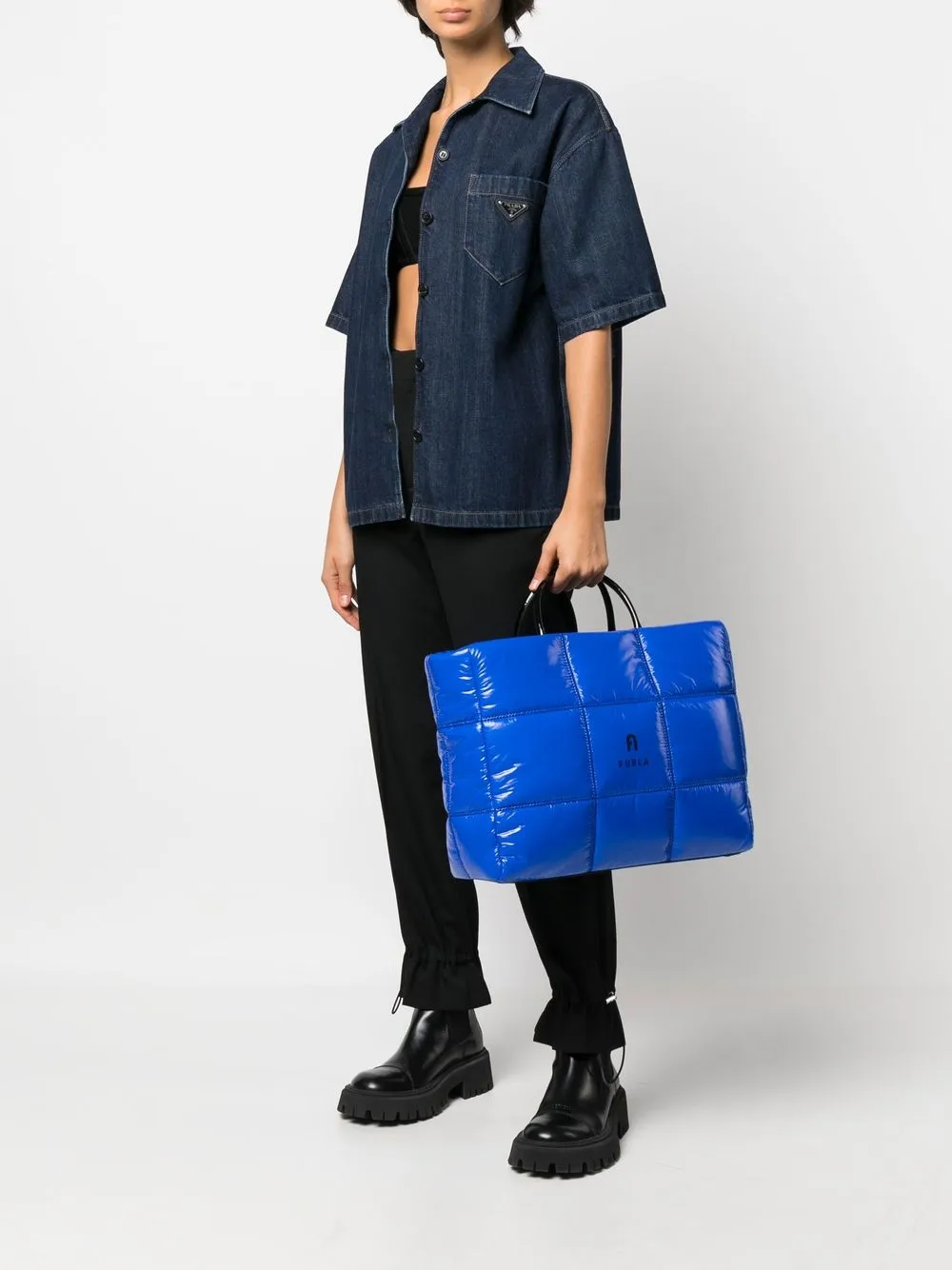 Furla Logoprinted Open Top Quilted Tote Bag In Light Pacific ModeSens