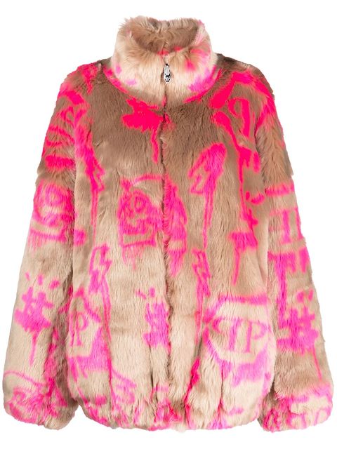 Philipp Plein monogram-print faux fur coat 