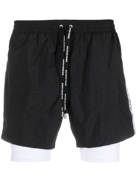 Balmain layered logo-tape shorts