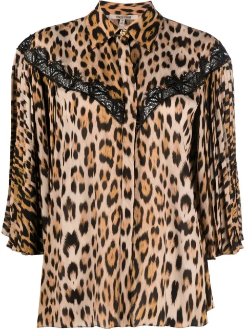 Roberto Cavalli lace-detailed leopard-print shirt