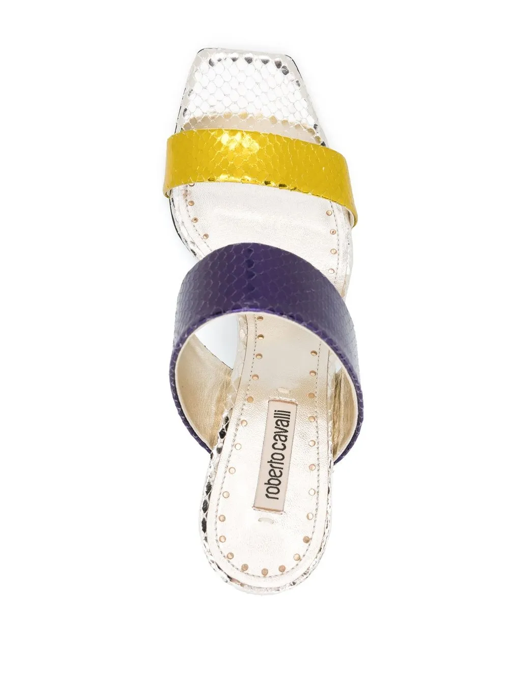 ROBERTO CAVALLI SNAKESKIN-EFFECT FOILED SANDALS 