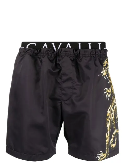 Roberto Cavalli jaguar print logo-waistband swim shorts