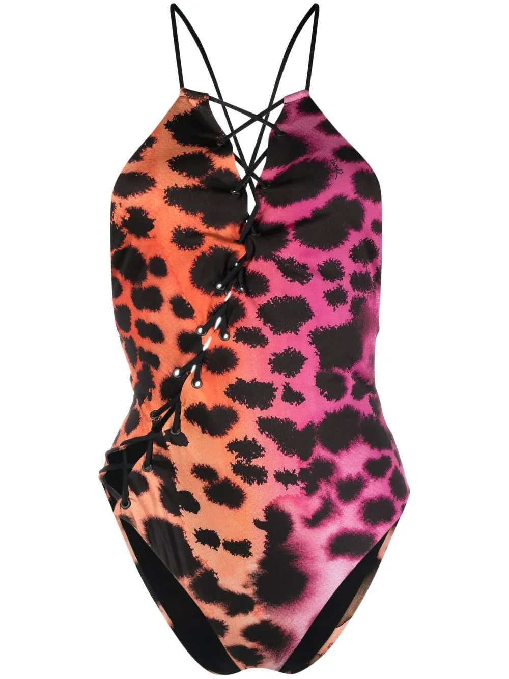 ROBERTO CAVALLI LEOPARD-PRINT LACE-UP SWIMSUIT 