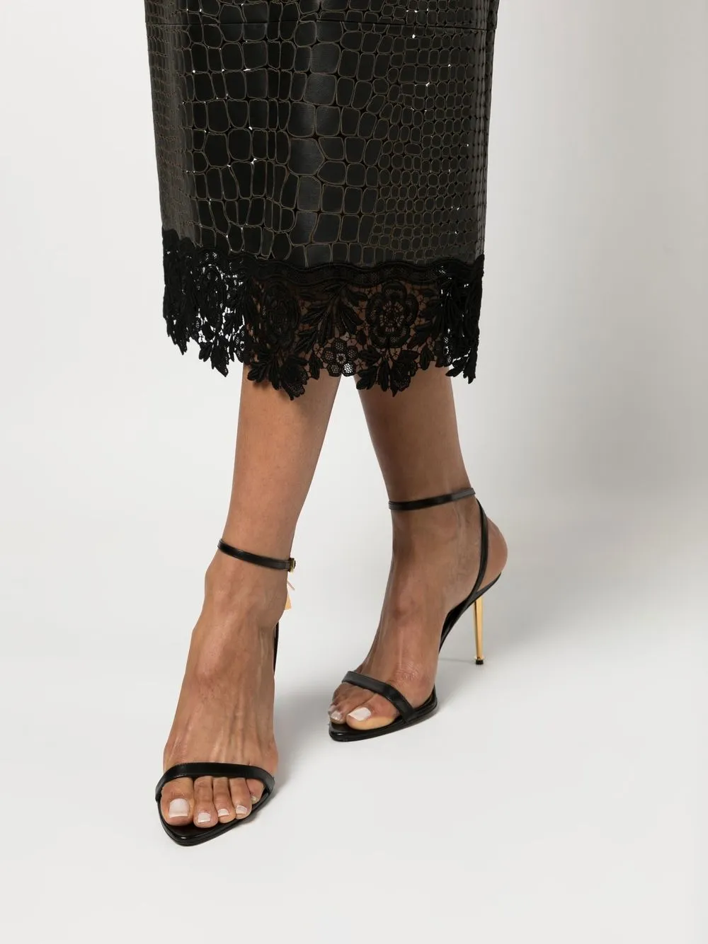 Roberto Cavalli Animal-pattern Lace-trim Leather Skirt In Black