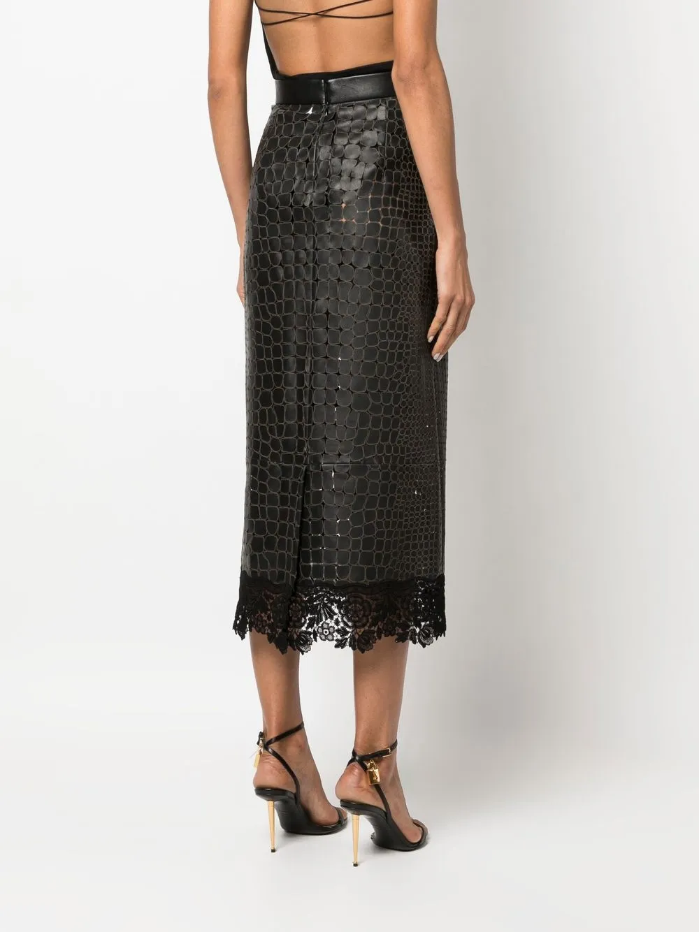 Roberto Cavalli Animal-pattern Lace-trim Leather Skirt In Black