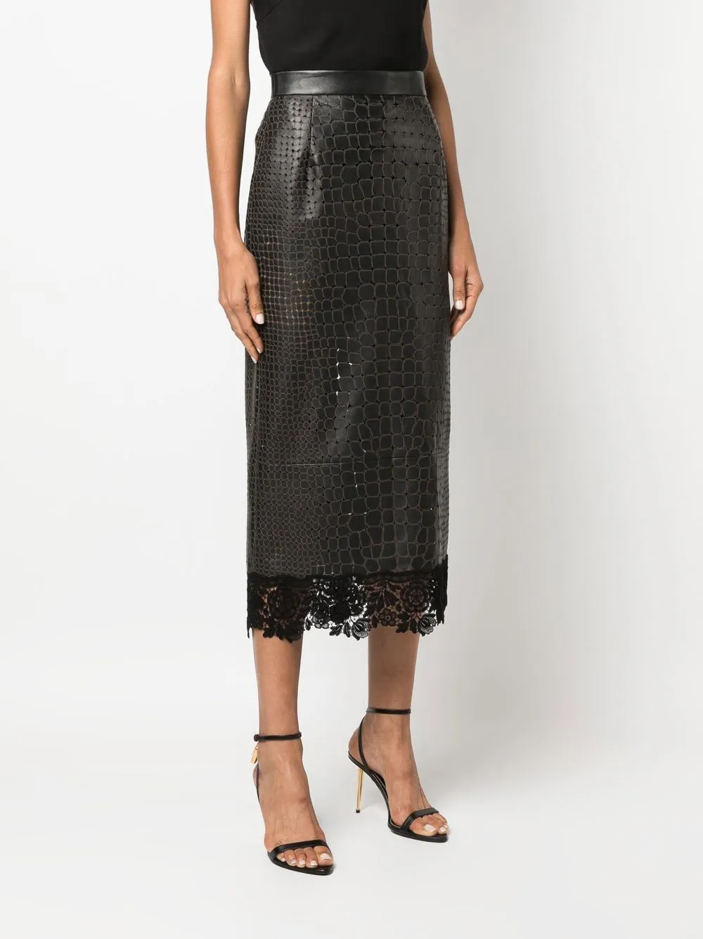 Roberto Cavalli Animal-pattern Lace-trim Leather Skirt In Black