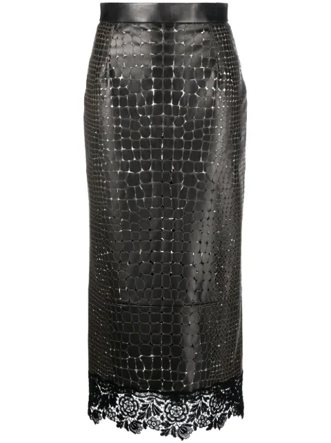 Roberto Cavalli animal-pattern lace-trim leather skirt