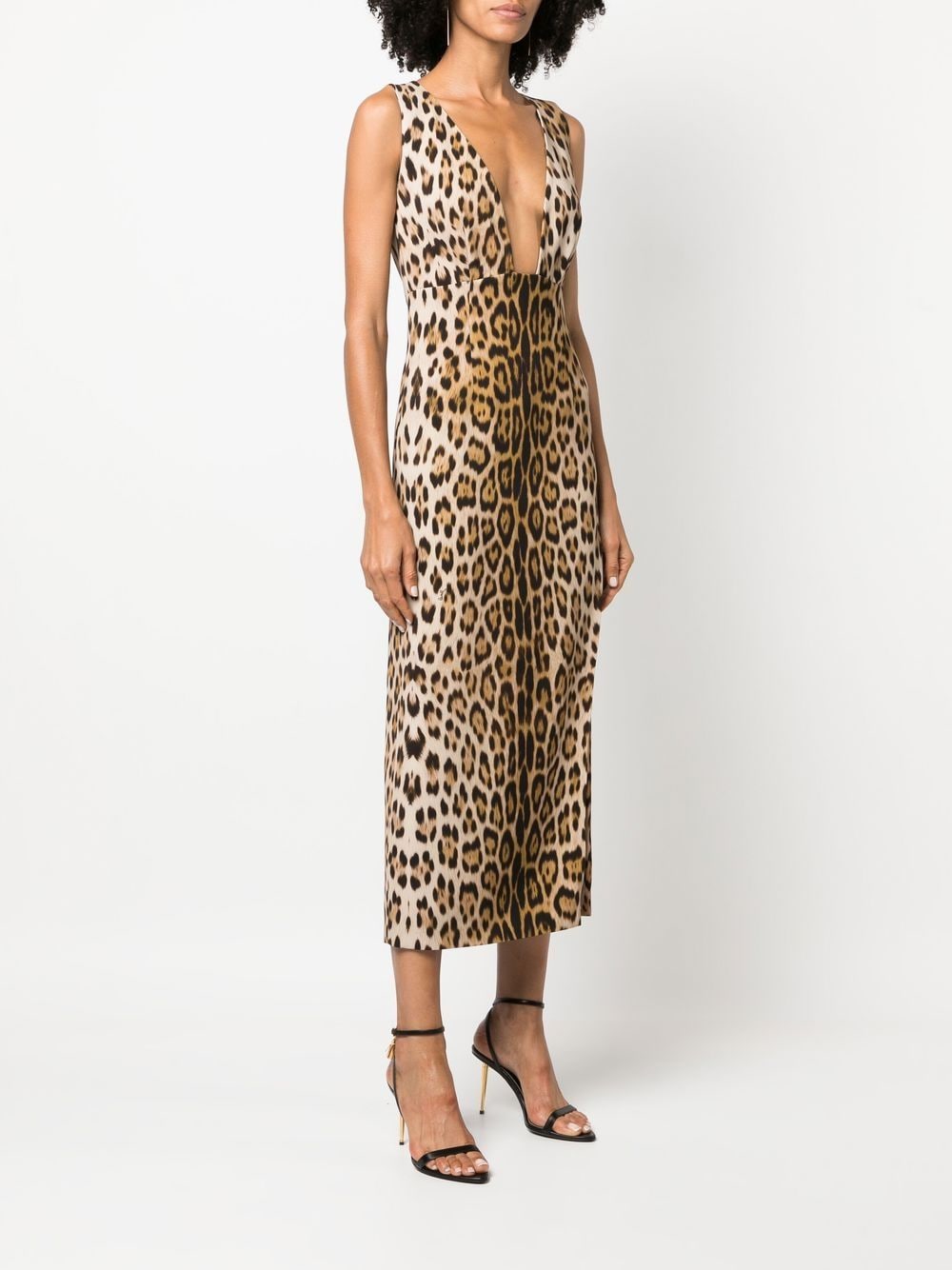 Shop Roberto Cavalli Leopard-print Plunge Midi Dress In Neutrals