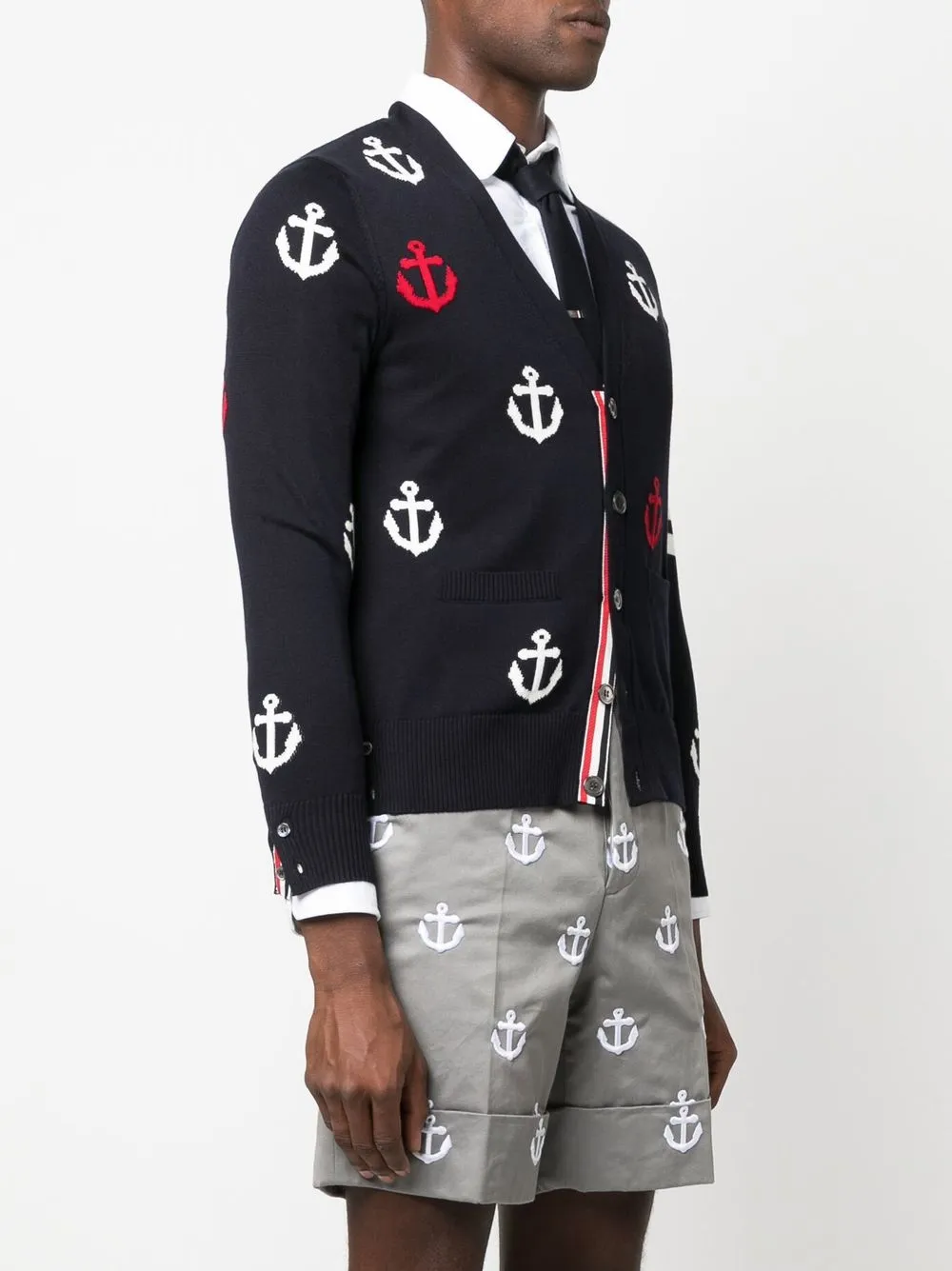 Thom Browne 4-bar Anchor Print Cardigan In Blue