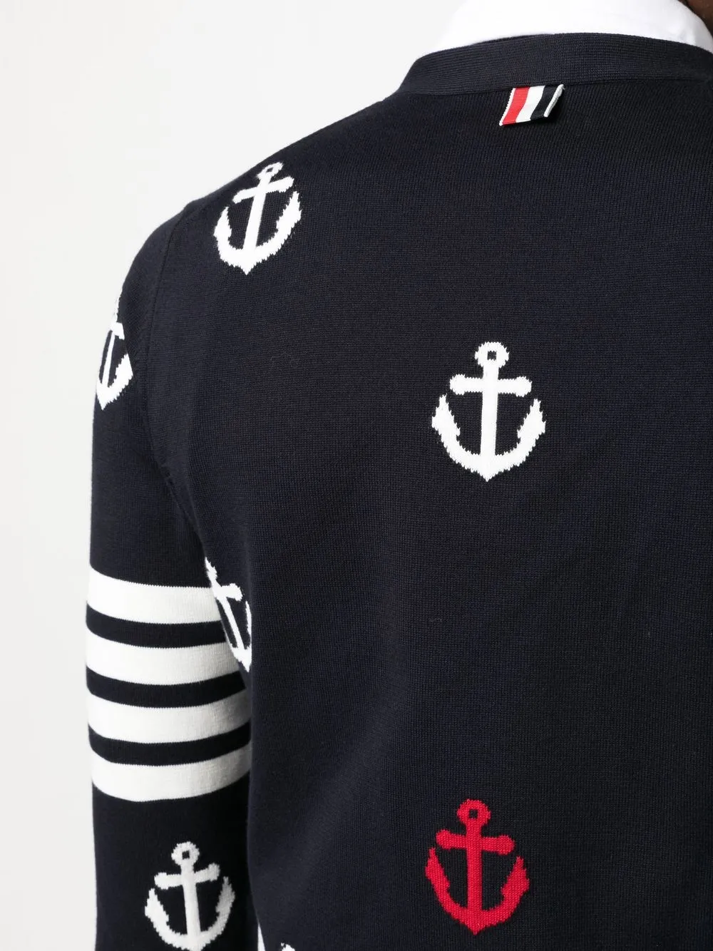 Thom Browne 4-bar Anchor Print Cardigan In Blue