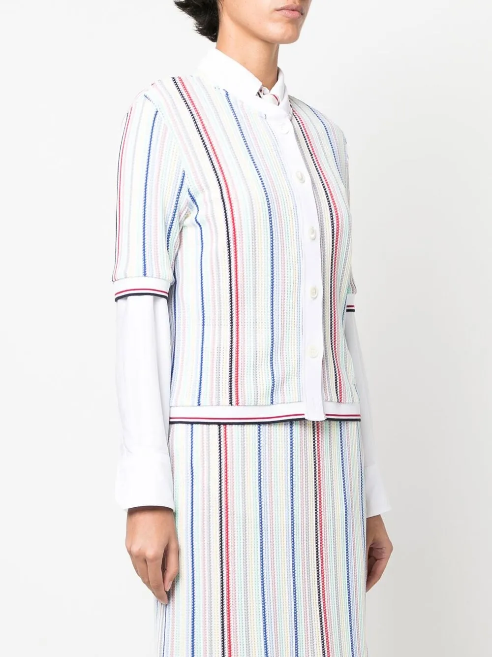 Thom Browne Striped Short-sleeve Knitted Cardigan In Weiss