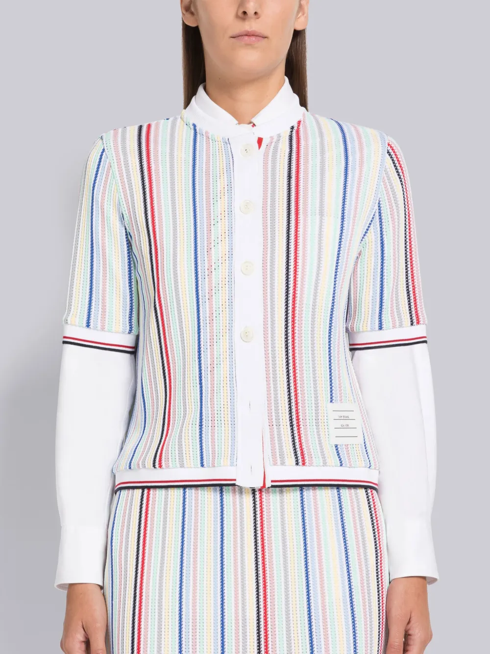 Thom Browne Striped Short-sleeve Knitted Cardigan In White