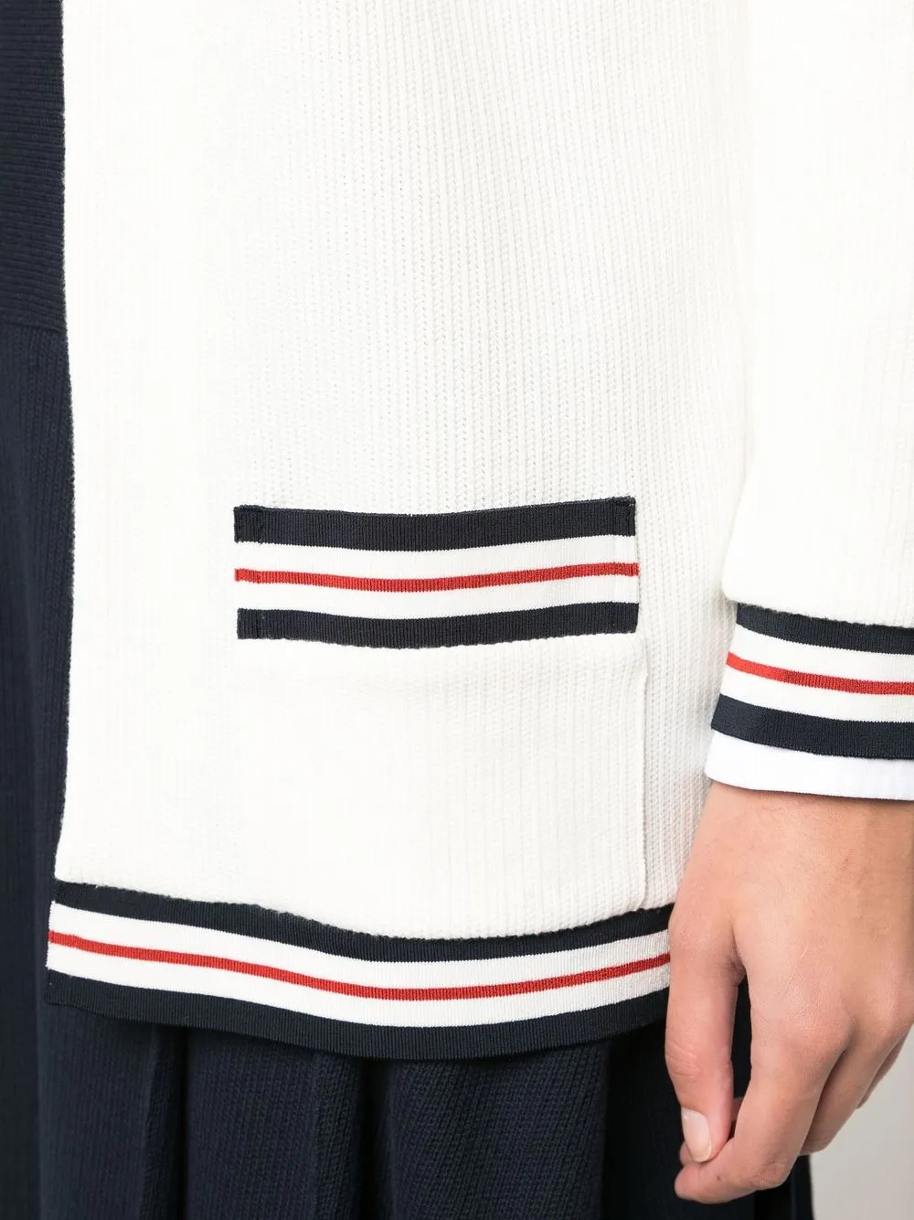 Thom Browne Rwb Stripe Ribbed Cardigan In Weiss