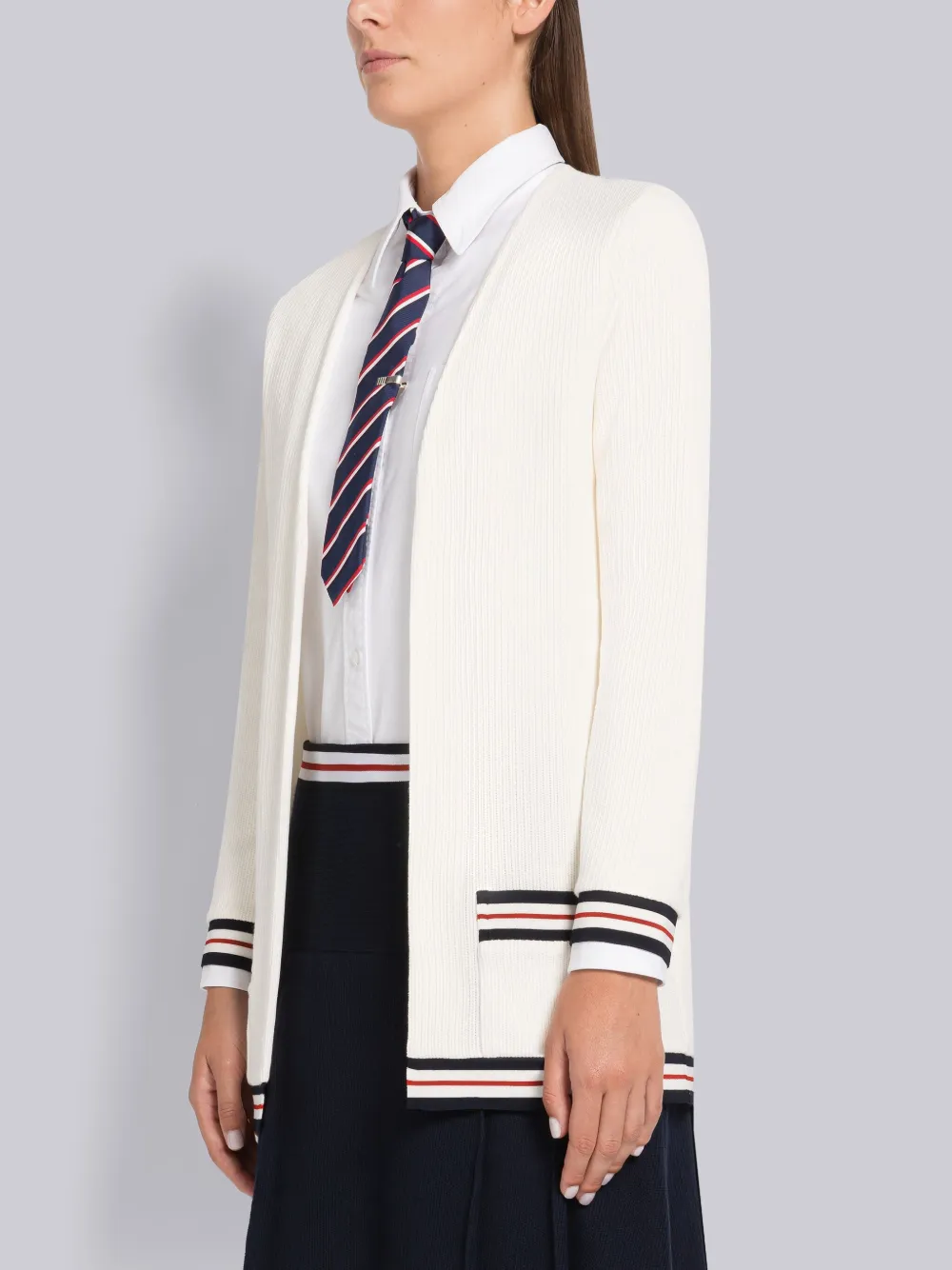 Thom Browne Rwb Stripe Ribbed Cardigan In White