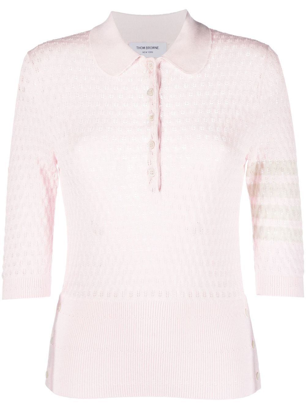 Thom Browne 4-bar Stripe Pointelle-knit Polo Top In Pink