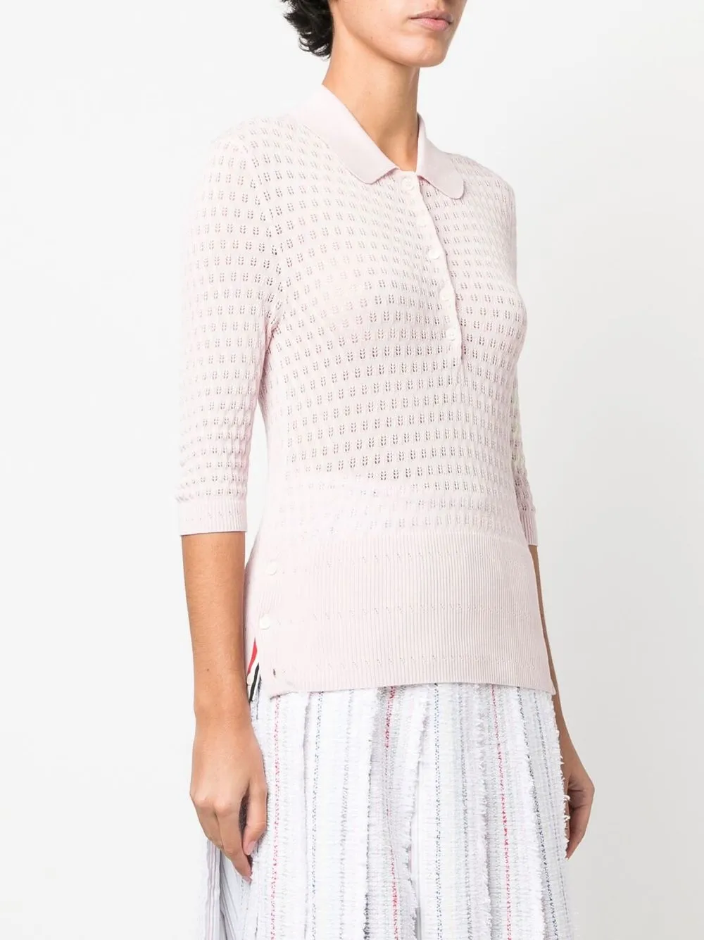 Thom Browne 4-bar Stripe Pointelle-knit Polo Top In Pink