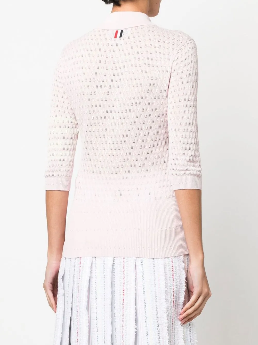 Thom Browne 4-bar Stripe Pointelle-knit Polo Top In Pink