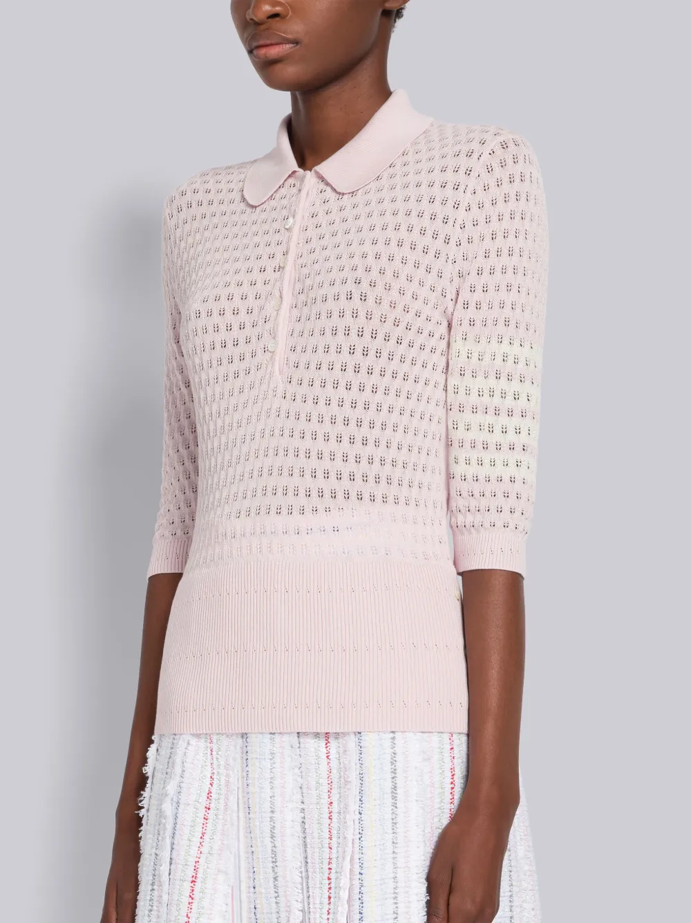 THOM BROWNE COTTON SILK POINTELLE 4-BAR SHORT SLEEVE POLO