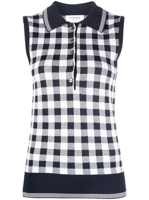 Thom Browne gingham-jacquard sleeveless polo top