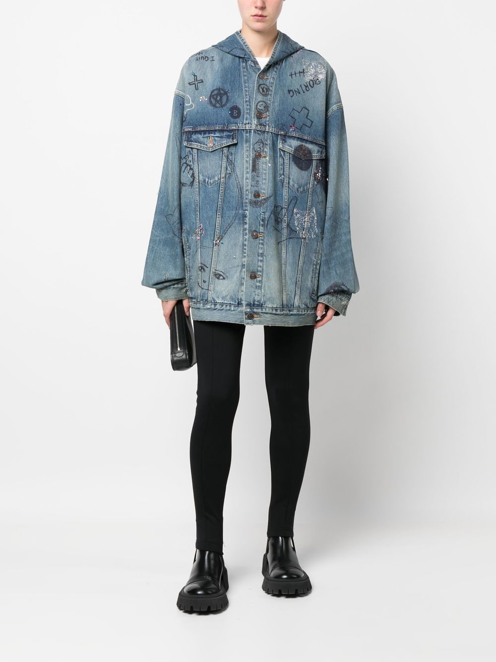 Shop Balenciaga Doodle-print Hooded Denim Jacket In Blue