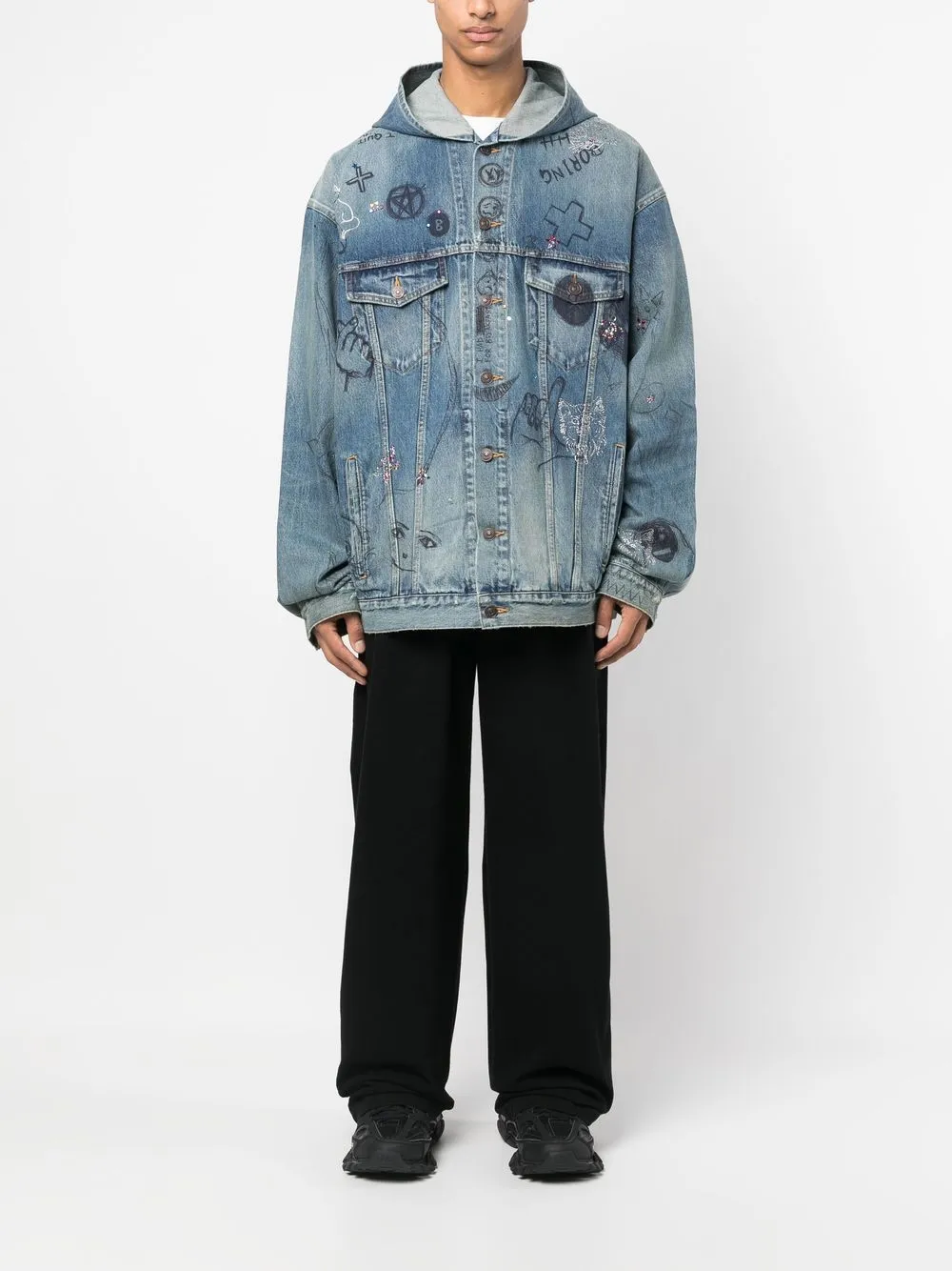 Shop Balenciaga Doodle-print Hooded Denim Jacket In Blue