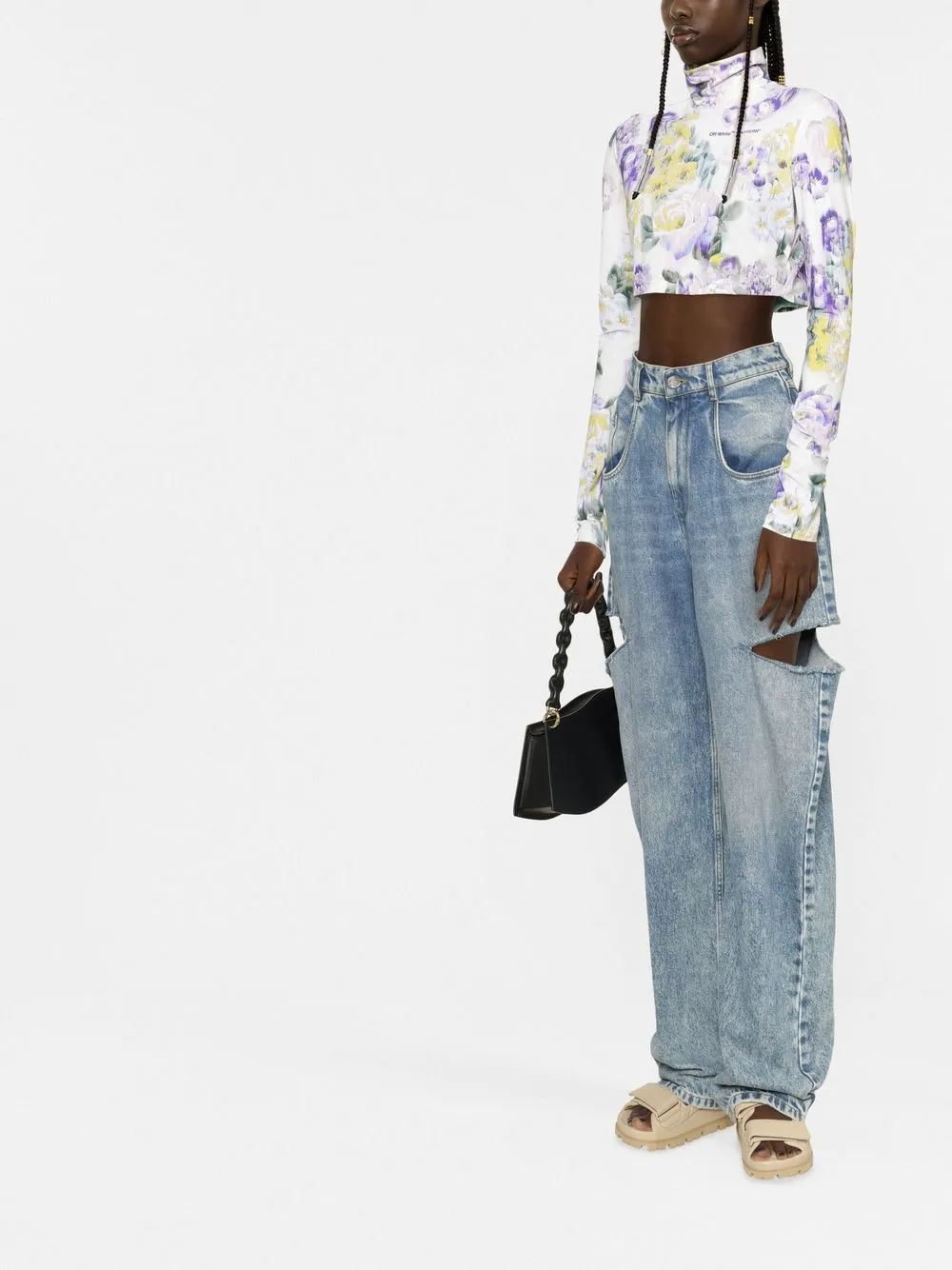 Off-white High Neck Crop Top With Floral Print In Green