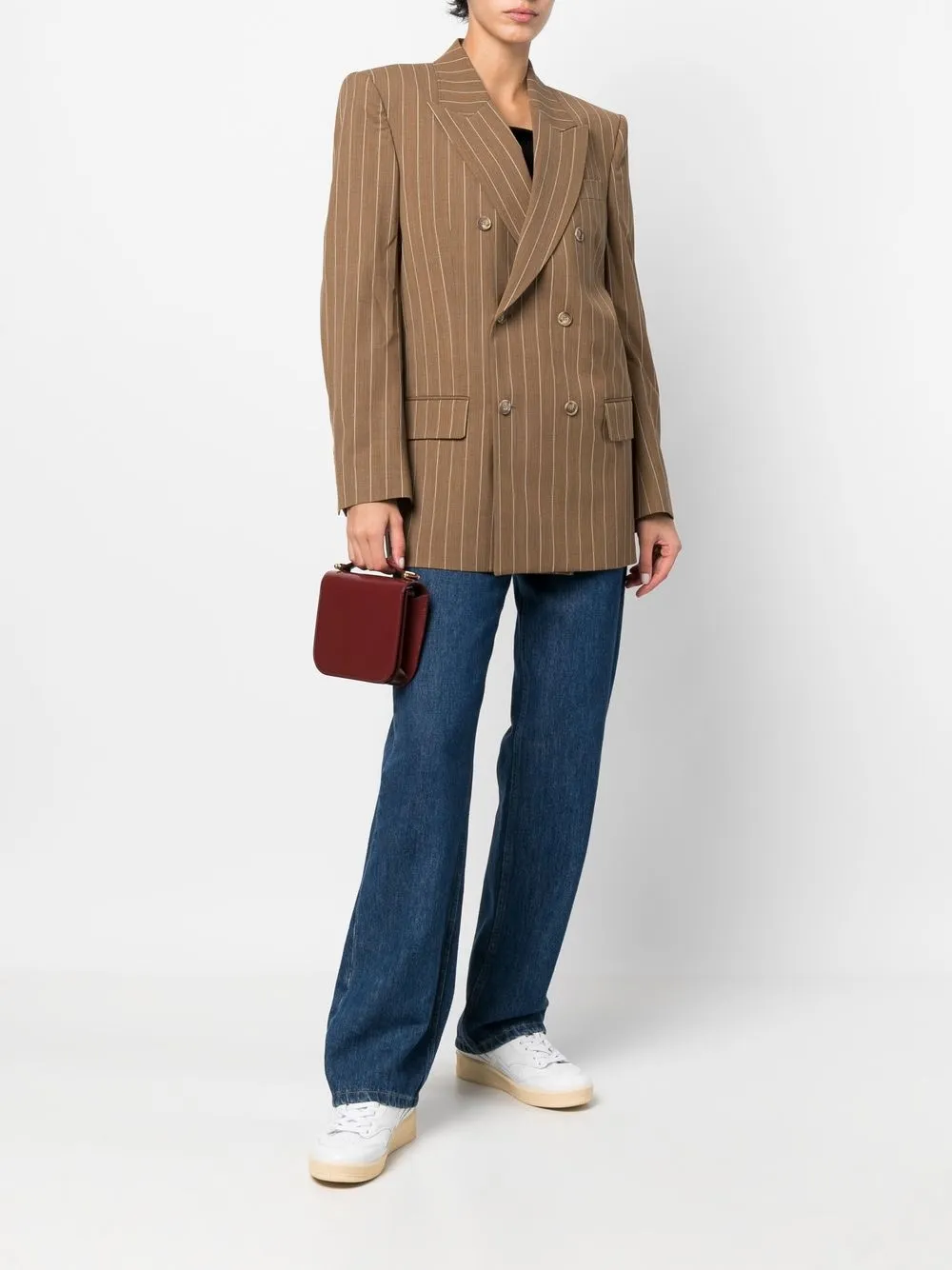 Shop Filippa K Striped Double-breasted Blazer In Brown