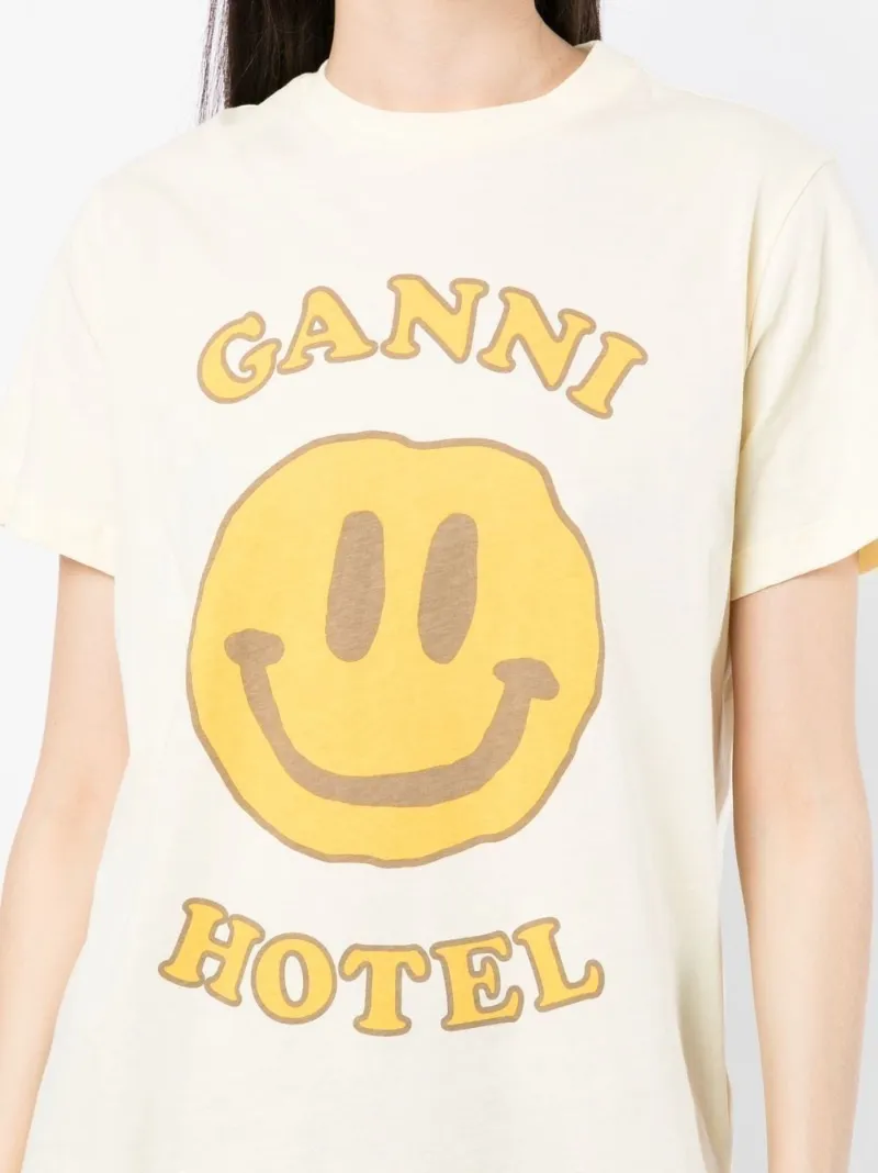 GANNI smile-print cotton T-shirt yellow | MODES