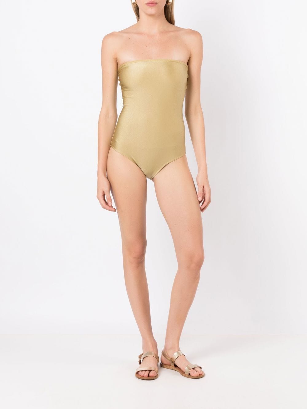 Shop Adriana Degreas Timeless Bandeau Metallic Swimsuit In Green