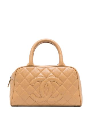 Vintage Chanel Beige CC Bowler Timeless Boston Caviar Quilted Leather  Satchel Bag