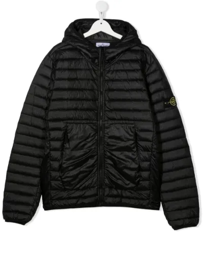 logo-patch hooded puffer jacket | Stone 