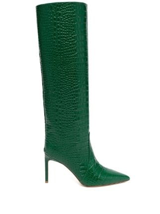 Green Crocodile Skin Leather Pointed Toe Knee High Boots