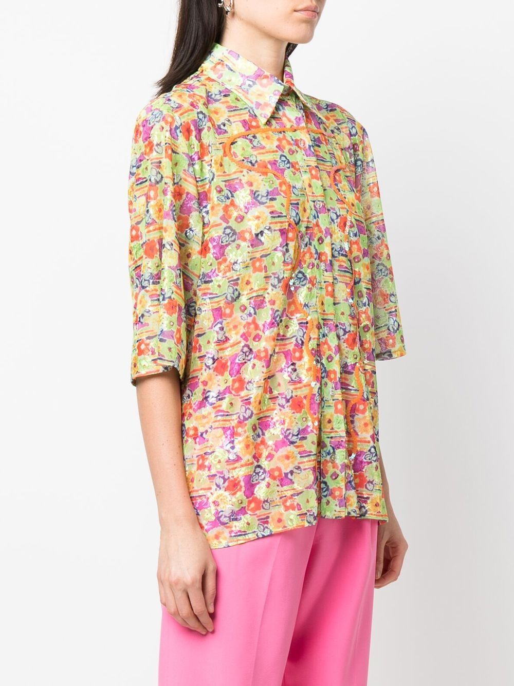 Shop Collina Strada Floral-print Sequin-detail Shirt In Green