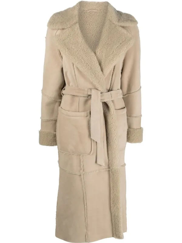 Eleventy Shearling-Lined Belted Suede Coat - Neutrals
