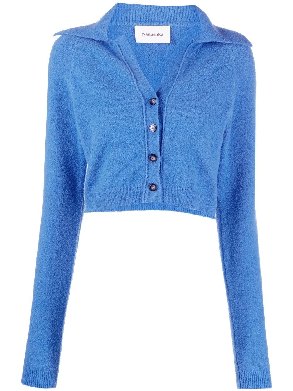 Shop Nanushka Spread-collar Cropped Cardigan In Blau