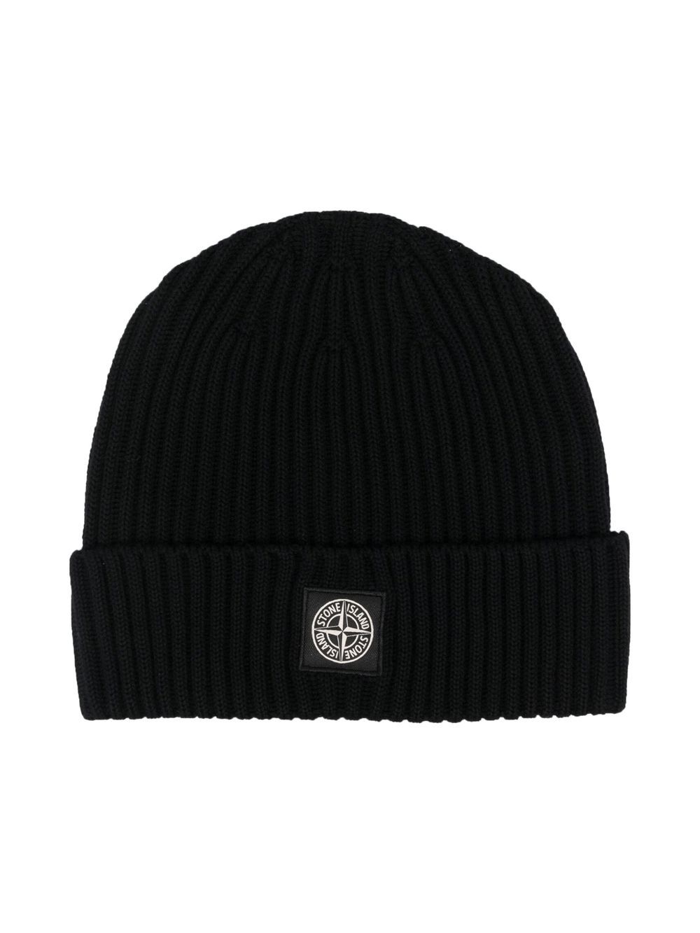 

Stone Island Junior gorro tejido de canalé con parche del logo - Negro