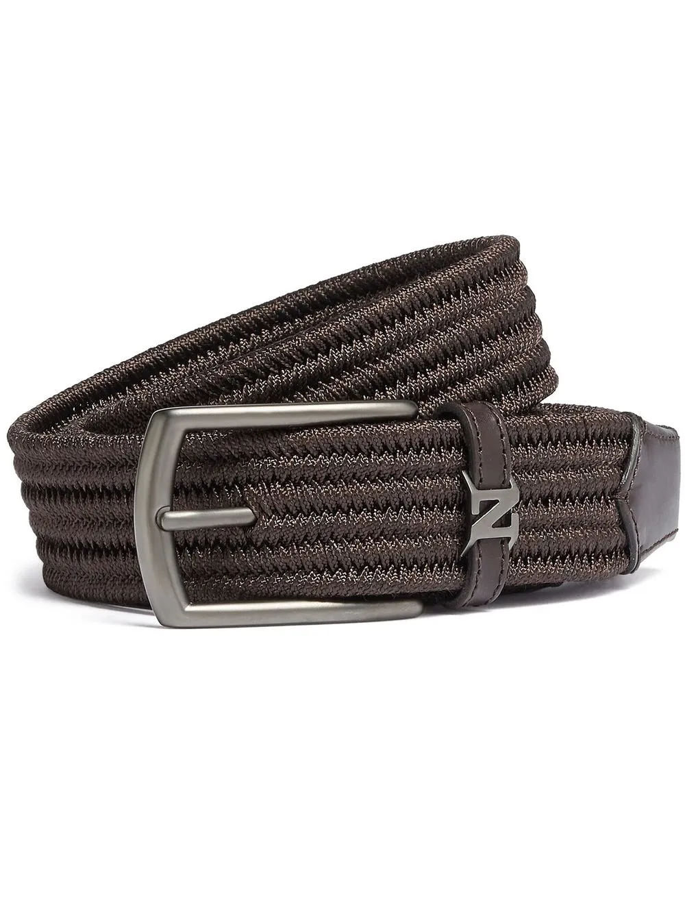 Zegna Logo Plaque Braided Belt In Brown