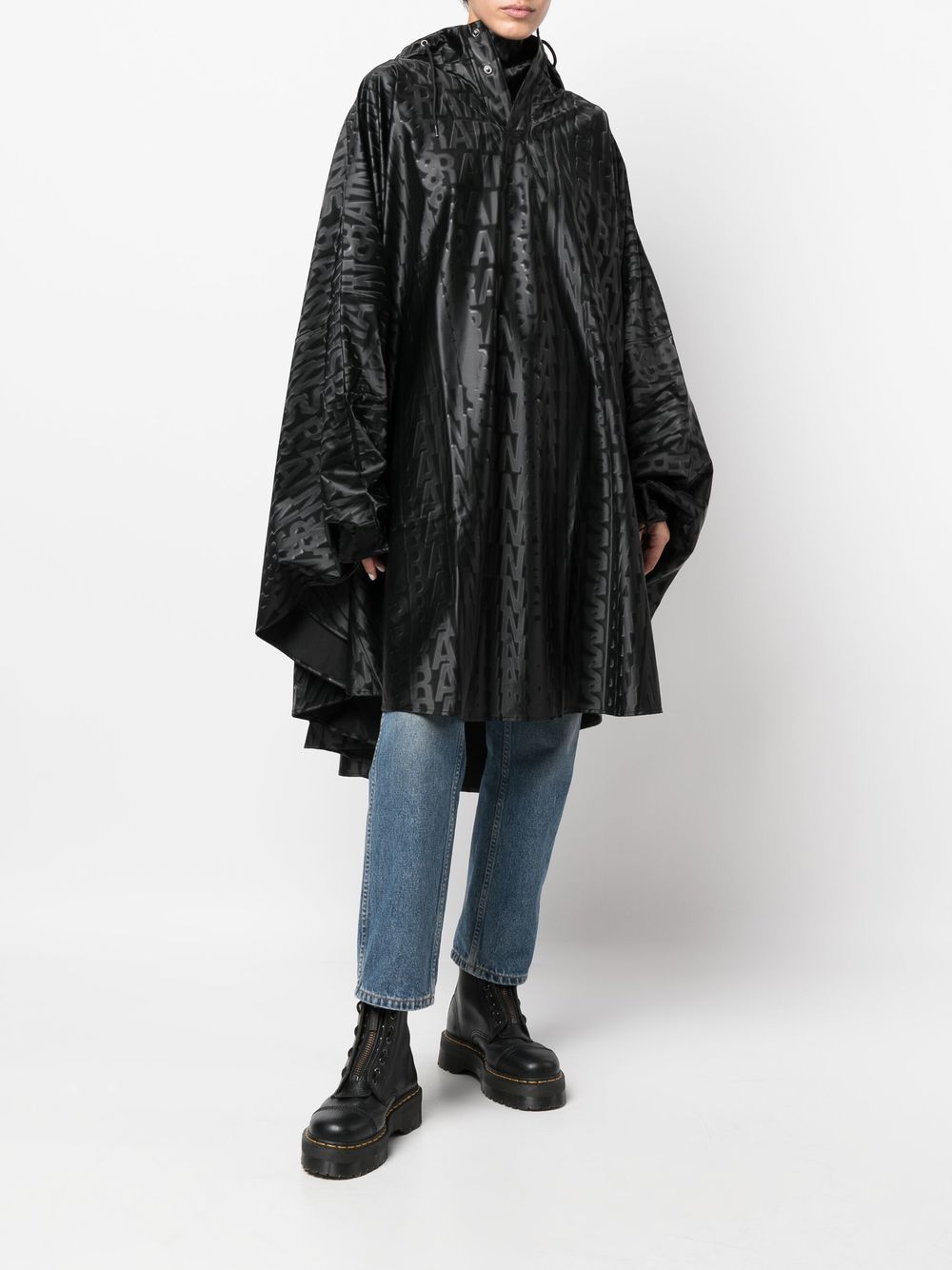 Shop Rains Monogram-print Hooded Cape In Black