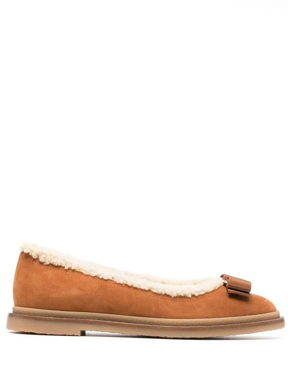 Ferragamo Varina Shearling-lined Bow-embellished Suede Ballet Flats In Neutrals