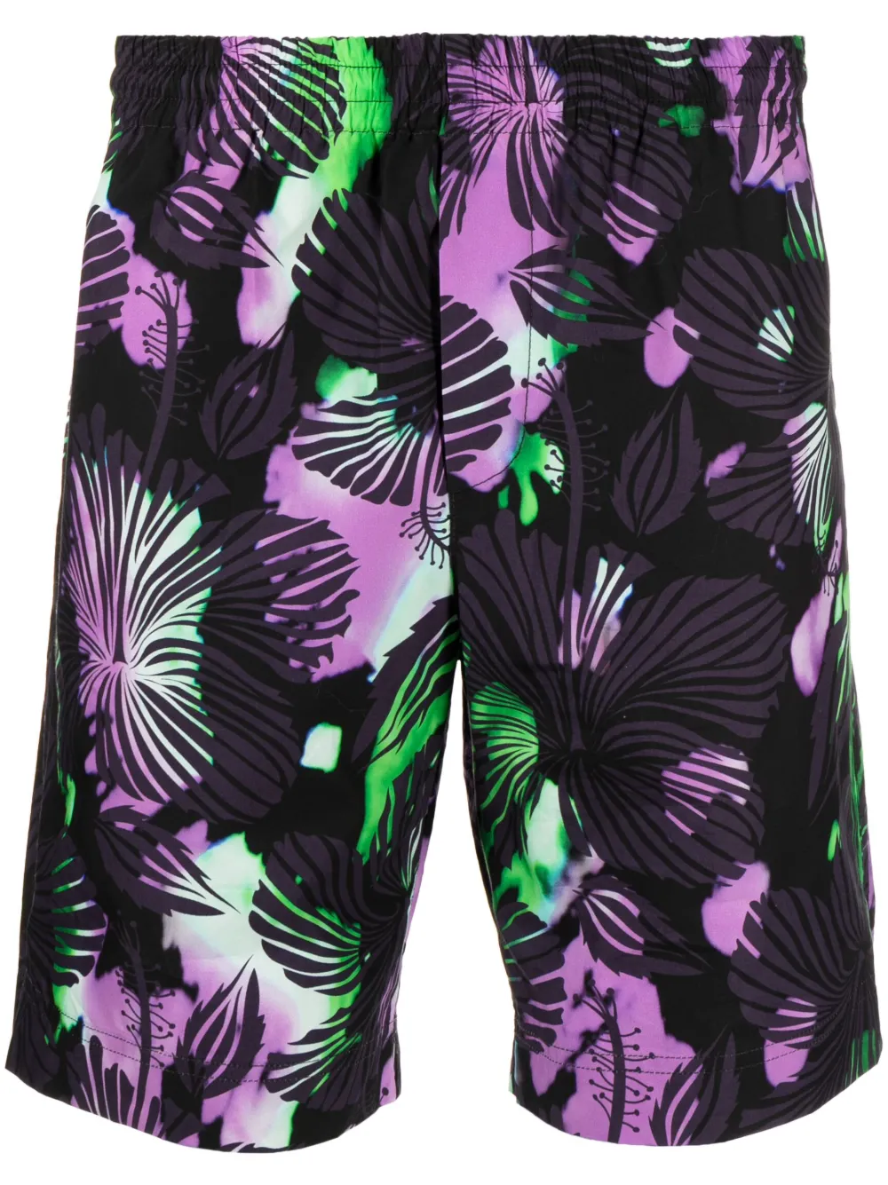 Msgm Hibiscus Print Cotton Poplin Shorts In Violet (black)