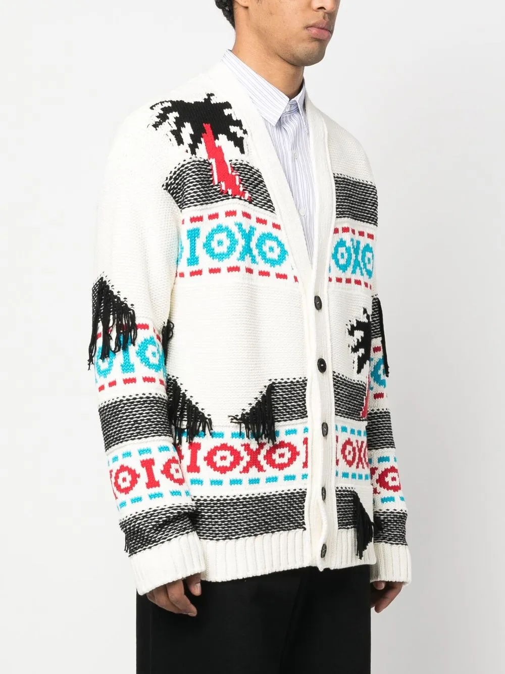 Shop Msgm Patterned Intarsia-knit Cardigan In 白色