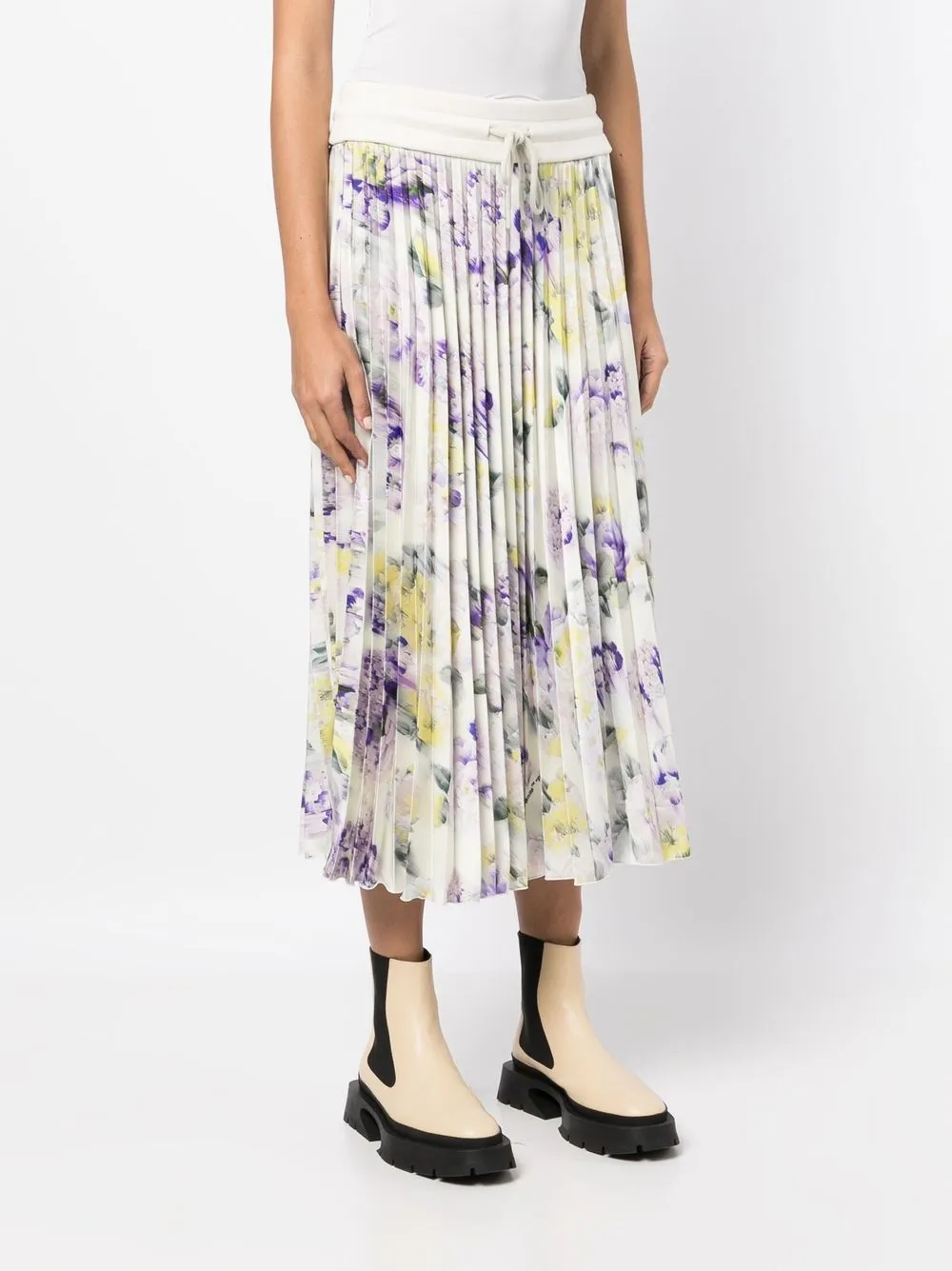 Off-white Drawstring Floral Print Pleated Skirt In 绿色