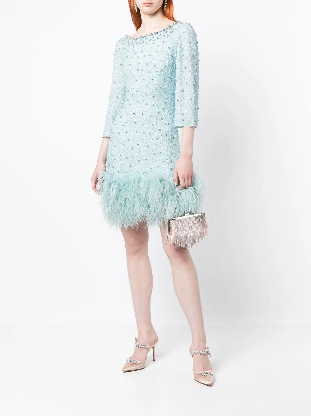 Jenny Packham Mini-jurk met veren afwerking - Blauw