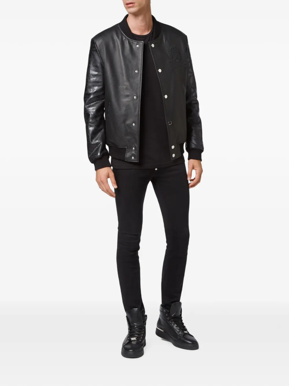 Philipp Plein python-panelled nappa-leather bomber jacket Zwart