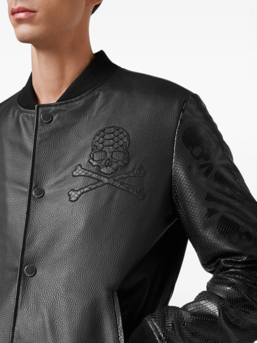 Philipp Plein python-panelled nappa-leather bomber jacket Zwart