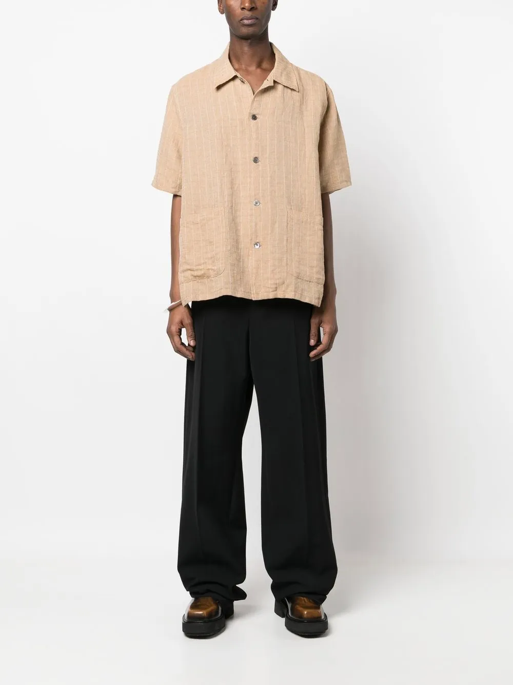 Elder Checked Short-sleeve Shirt In Oat Texan Pinstripe