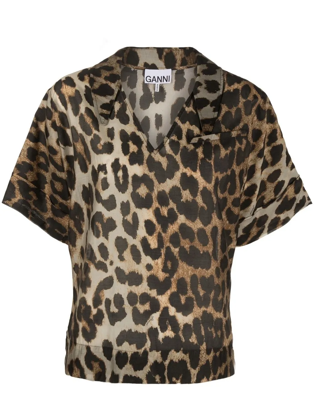 Click to view more detailed imagery on our partner's website Ganni Leopard-print V-neck Top In Schwarz
