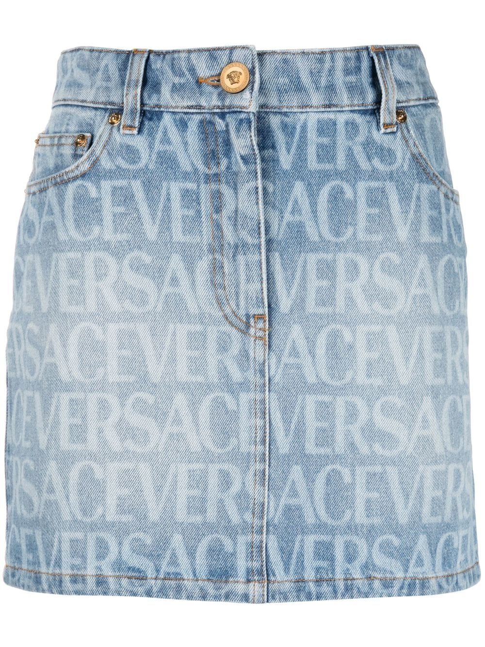 Image 1 of Versace logo-print denim miniskirt