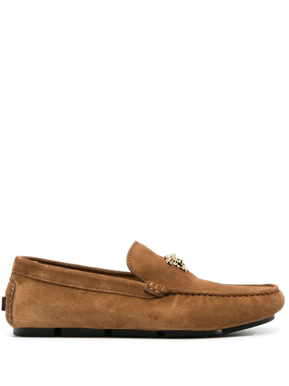 Shop Versace La Medusa Suede Loafers In Brown