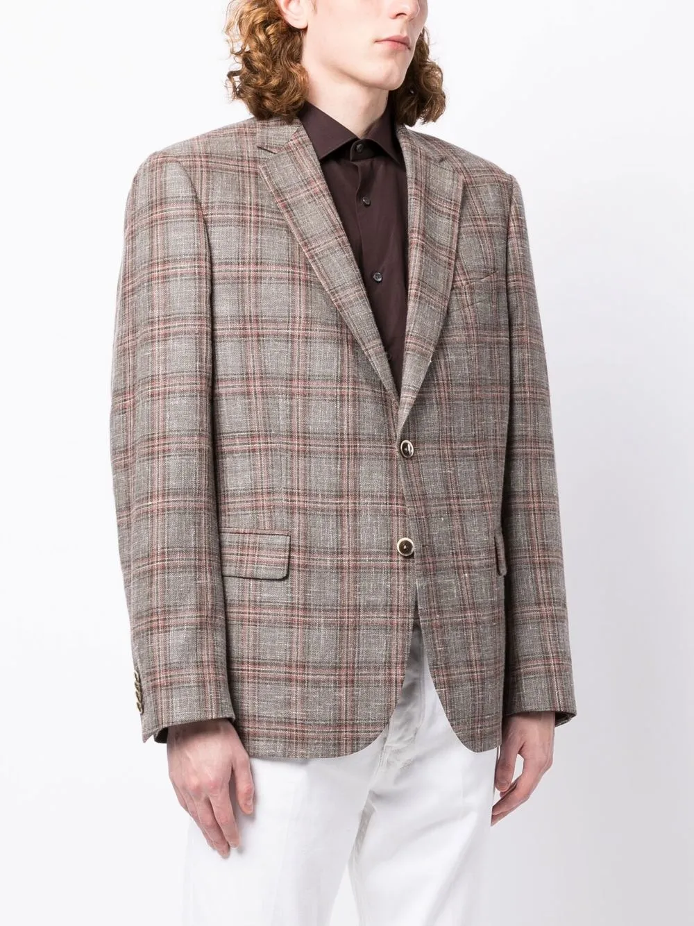 Shop N•peal Plaid-check Print Button Blazer In Brown